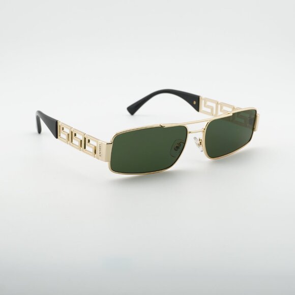 Versace VE2257 100271 Sunglasses Shiny Gold Rectangle Frame, Dark Green Lenses